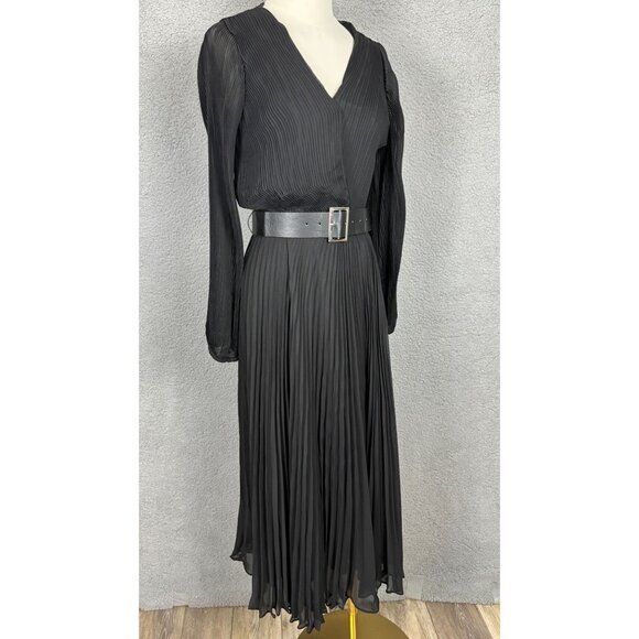 Taylor Women's Black Pleated Belted Fit & Flare Midi Chiffon Dress 12 NWT's. - Picture 4 of 8